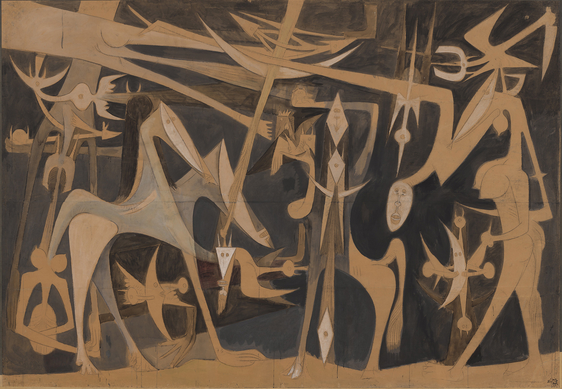 Wifredo Lam. Grande Composition (Large Composition). 1949. Oil and charcoal on paper mounted on canvas. The Museum of Modern Art, New York. Acquired in memory of Gustavo Cisneros through the generosity of the Sue and Edgar Wachenheim III Endowment Fund, Mimi Haas, Marlene Hess and James D. Zirin, The Judith Rothschild Foundation Contemporary Drawings Collection Gift (by exchange), Committee on Drawings and Prints Fund, The Werner H. Kramarsky Endowment Fund for Drawings, Marie-Josée and Henry R. Kravis, Sue and Edgar Wachenheim III, Emilio Ambasz, Anne Dias Griffin, Agnes Gund, Richard Roth, Tony Tamer, Candace King Weir, The Dian Woodner Acquisition Endowment Fund, the Frances Keech Fund, Joshua and Filipa Fink, Ann and Graham Gund, Alice and Tom Tisch, the Richard S. Zeisler Fund, Adriana Cisneros de Griffin, Glenn D. and Susan Lowry, and Marnie S. Pillsbury (as of September 2025). © Succession Wifredo Lam, ADAGP, Paris / ARS, New York 2025