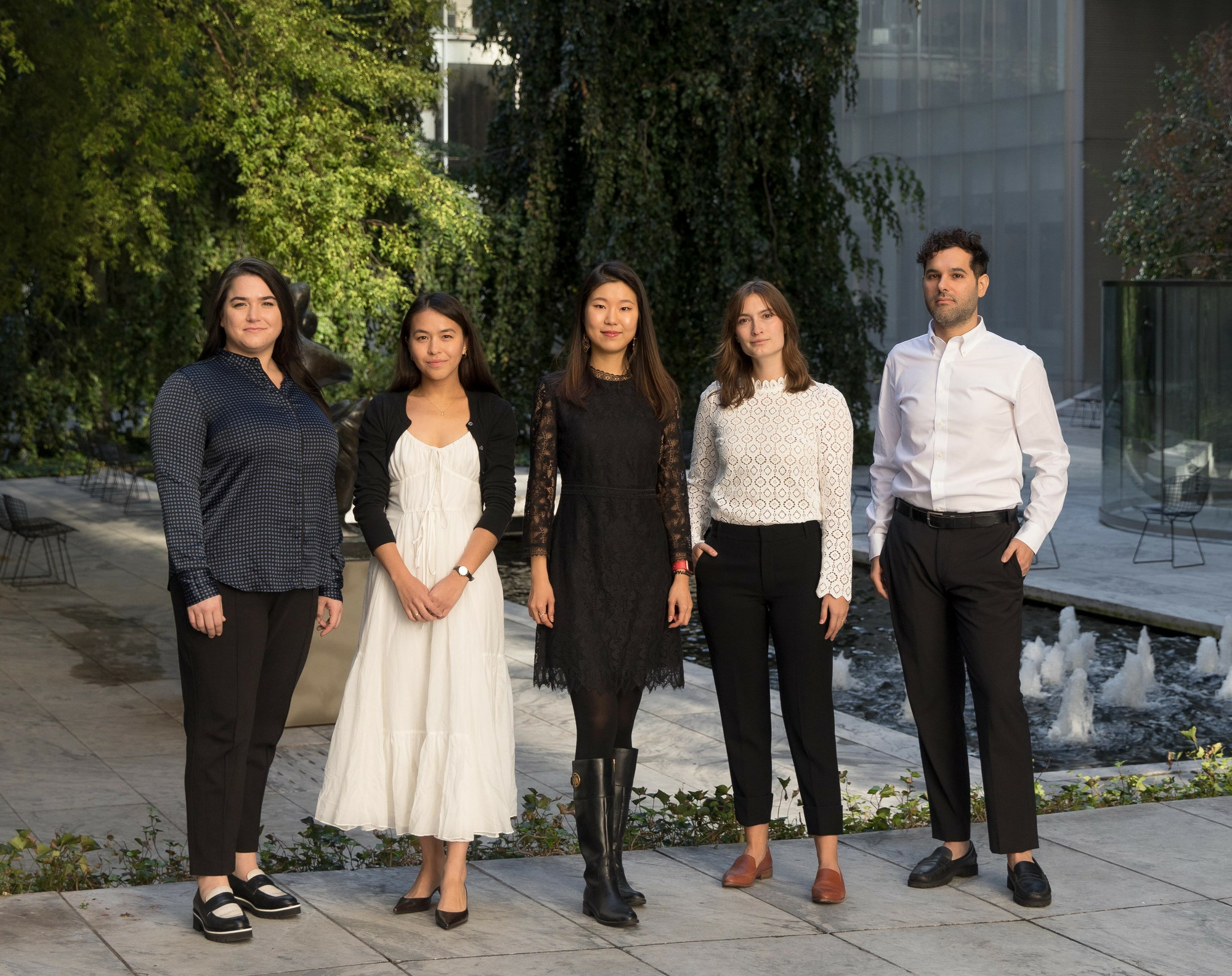 2022–23 MRC Fellows and Vilcek Fellow, from left: Molly Superfine, Sarah Rapoport, Eana Kim, Caroline House, and Guillermo S. Arsuaga. Not pictured: Samuel Allen. Photo: Marcin J. Muchalski, Diamond Shot Studio