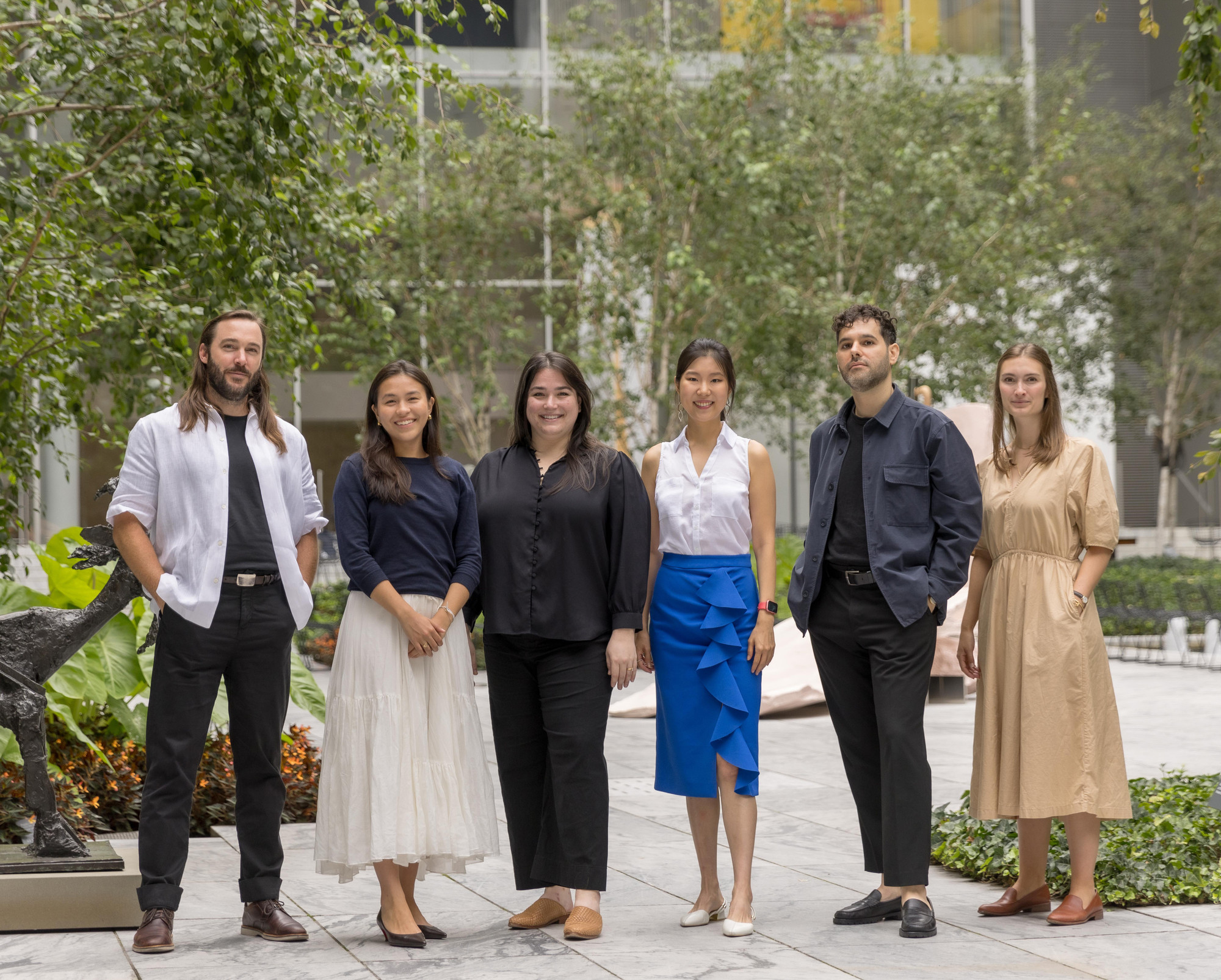 2022–23 MRC Fellows and Vilcek Fellow, from left: Samuel Allen, Sarah Rapoport, Molly Superfine, Eana Kim, Guillermo S. Arsuaga, and Caroline House. Photo: Marcin J. Muchalski, Diamond Shot Studio