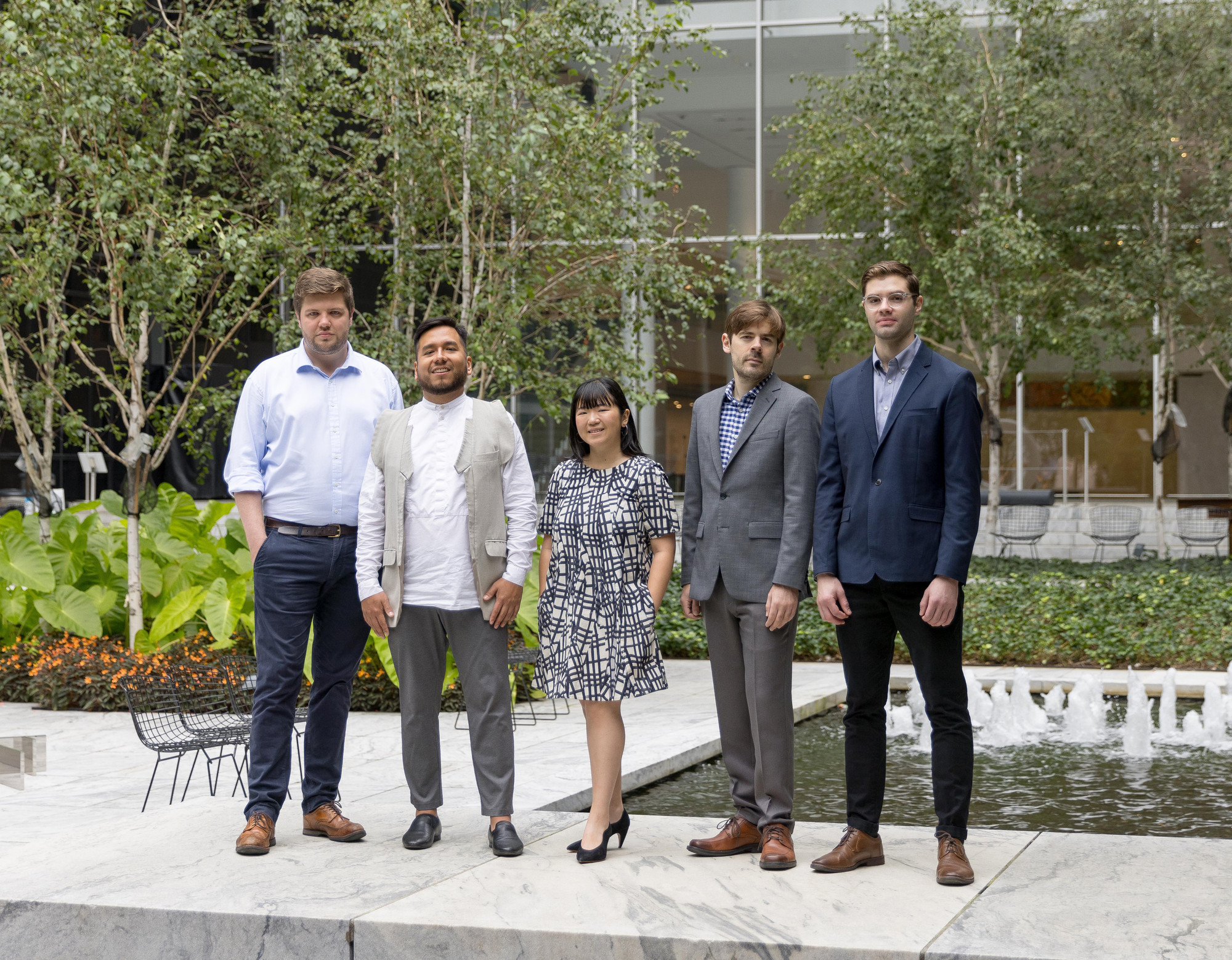 2023–24 MRC Fellows, from left: Mitchell Herrmann, Kolleen Ku, Ben Price, Horacio Ramos, and David Sledge. Photo: Marcin J. Muchalski, Diamond Shot Studio