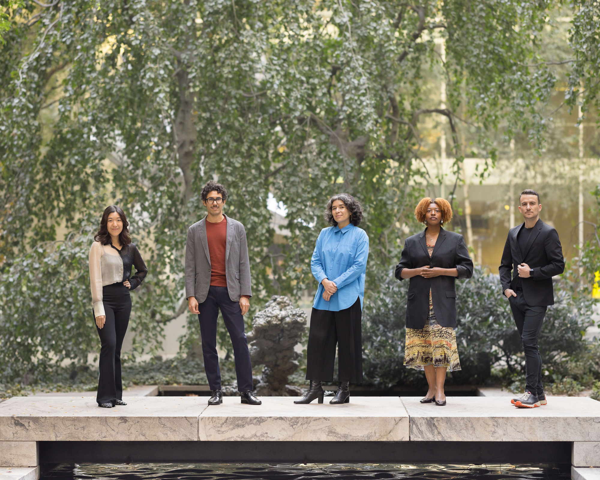 2024–25 MRC Fellows, from left: Adela Kim, Pujan Karambeigi, Cathryn Jijón, JaBrea Patterson-West, and Marcos García Mouronte. Photo: Marcin J. Muchalski, Diamond Shot Studio