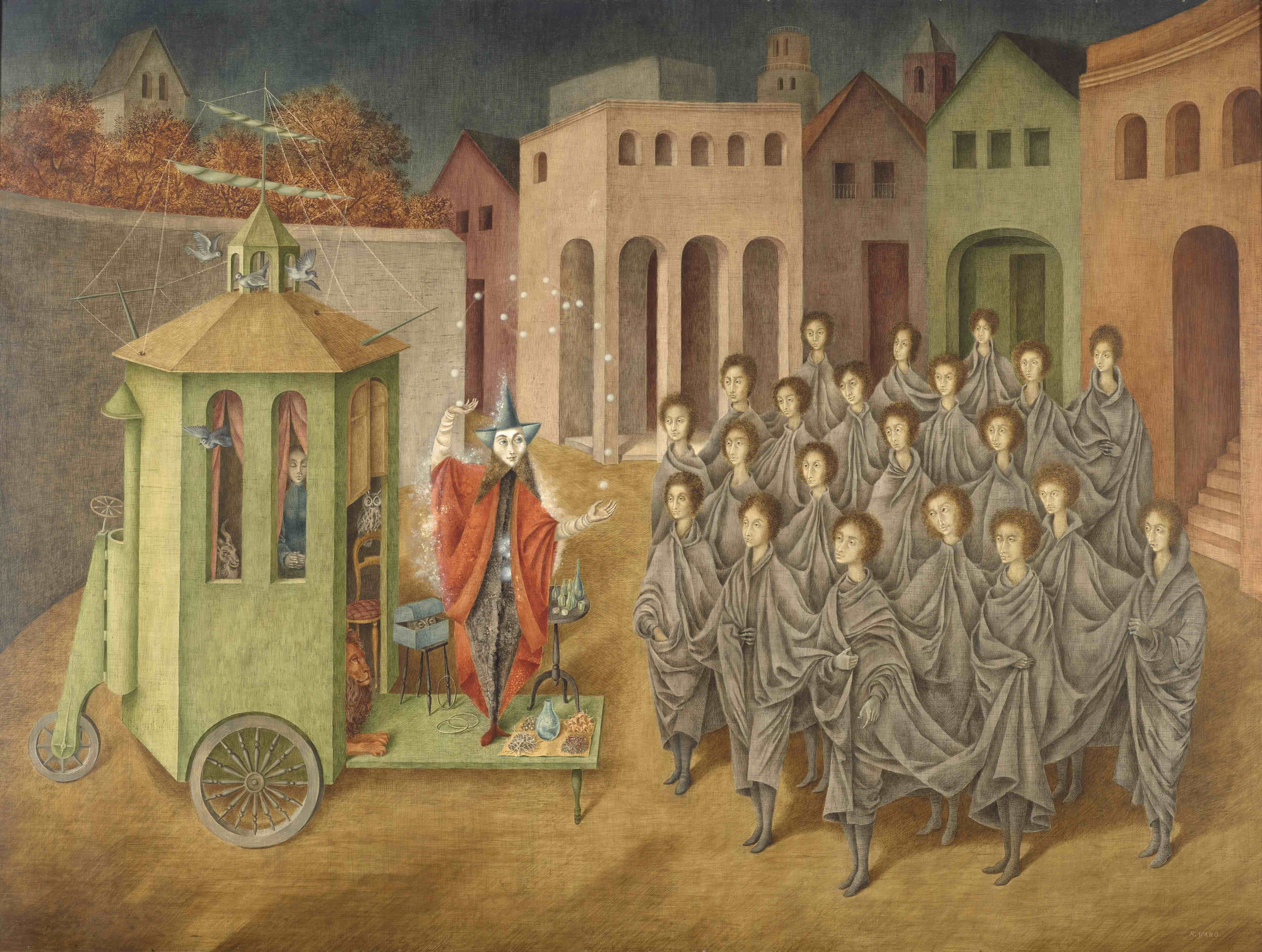 Remedios Varo. The Juggler (The Magician). 1956. Oil and inlaid mother of pearl on board, 35 13/16 × 48 1/16” (91 × 122 cm). Gift of Joan H. Tisch (by exchange)