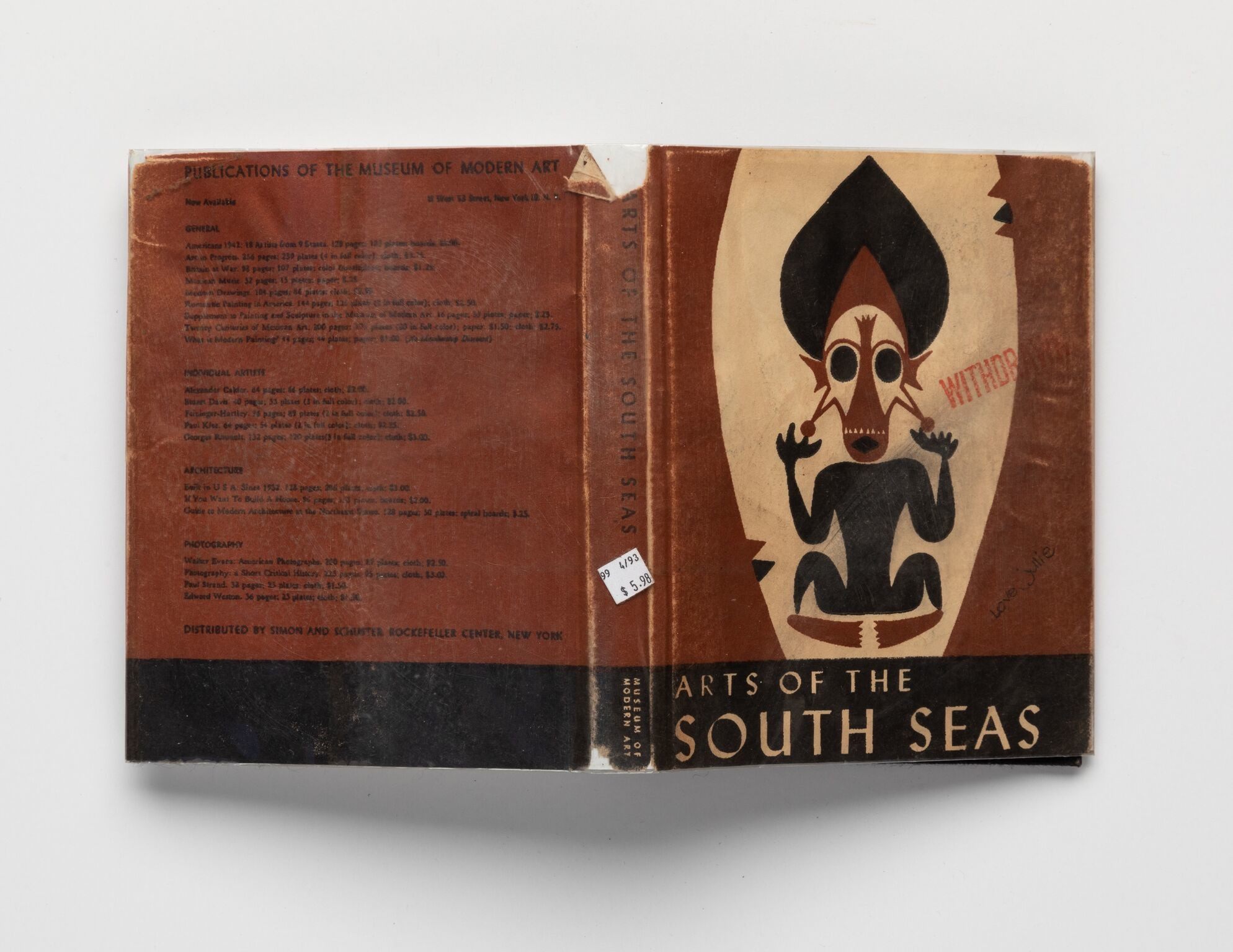 Charles LeDray. Arts of the South Seas. (Cover.). 2020. Unique handmade miniature “used” book made from drawing, mixed-media markings, stains, stamping, and letterpress and offset printing. One of 177 unique examples from LeDray’s Book Ends collection. Varying dimensions: each book in collection is smaller than print, 4 × 5″ Photo credit: Jenny Gorman