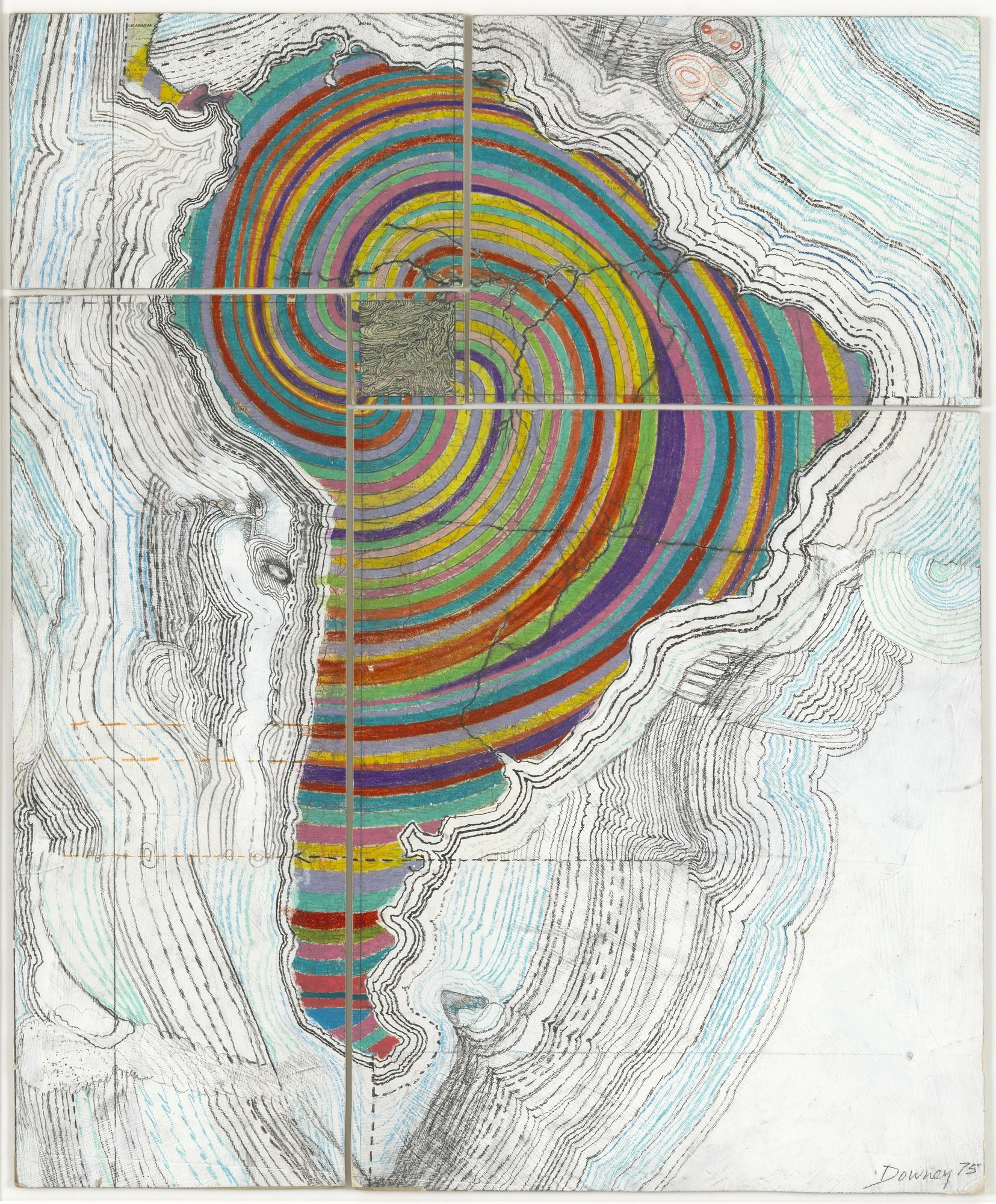 Juan Downey. Map of America. 1975. Colored pencil, pencil, and acrylic on map on board. 34 1/8 × 20 1/4” (86.7 × 51.4 cm). Purchased with funds provided by the Latin American and Caribbean Fund and Donald B. Marron. Photo: Jonathan Muzikar