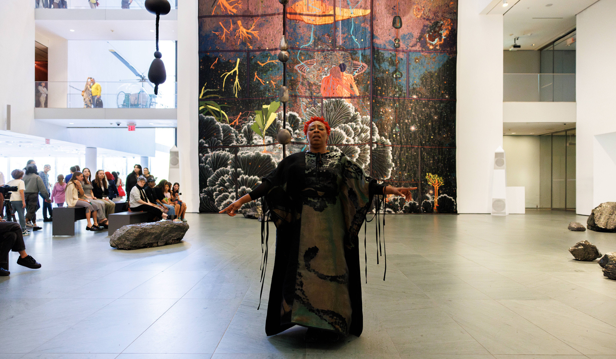 Image of the performance Otobong Nkanga: Cadence, photographed April 23, 2025, held in conjunction with the exhibition Otobong Nkanga: Cadence, The Museum of Modern Art, New York. Photo: Maria Baranova