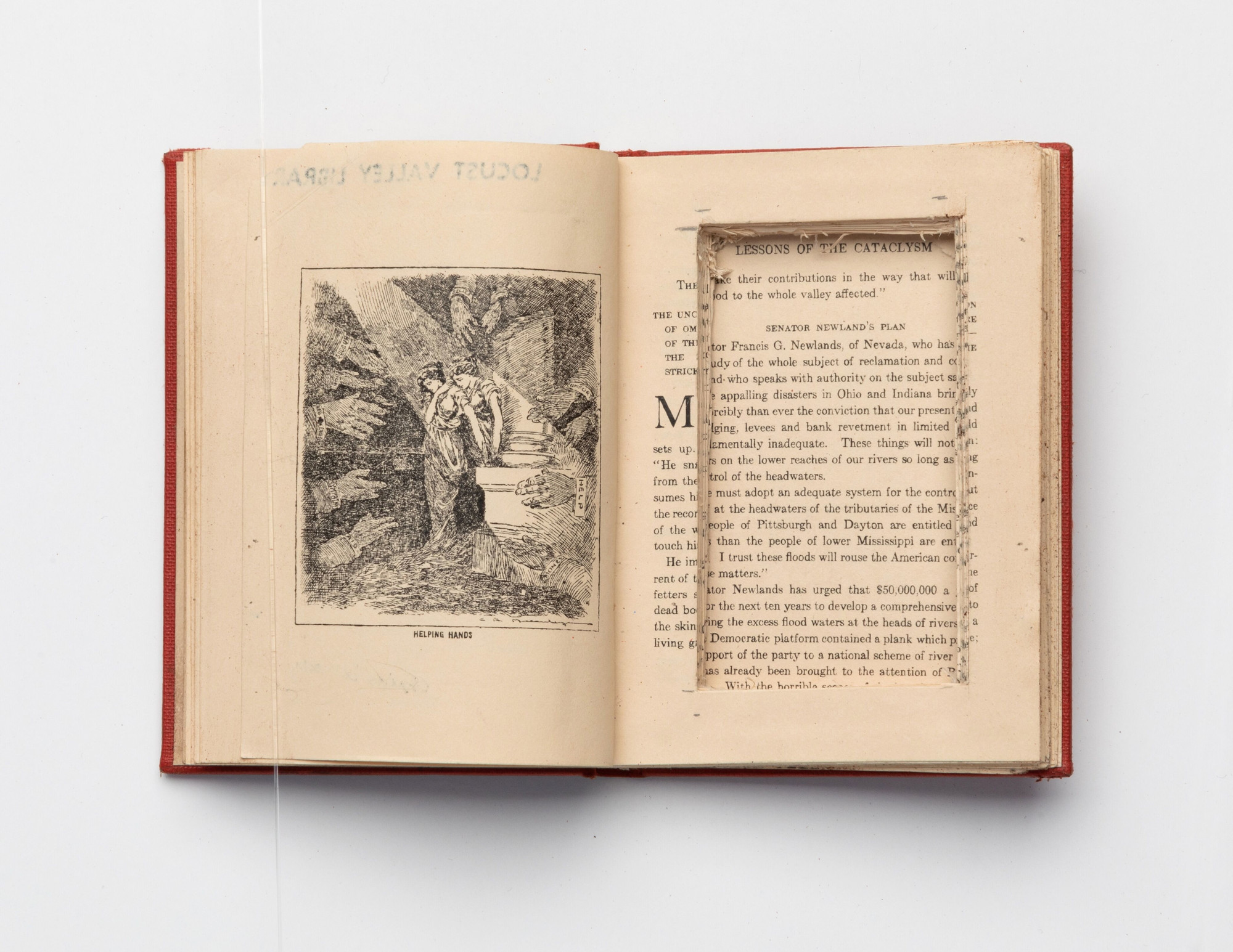 Charles LeDray. Our National Calamity of Fire, Flood and Tornado. (End papers with ephemera). 2020. Unique handmade miniature “used” book made from drawing, mixed-media markings, stains, stamping, and letterpress and offset printing. One of 177 unique examples from LeDray’s Book Ends collection. Varying dimensions: each book in collection is smaller than print, 4 × 5″ Photo credit: Jenny Gorman
