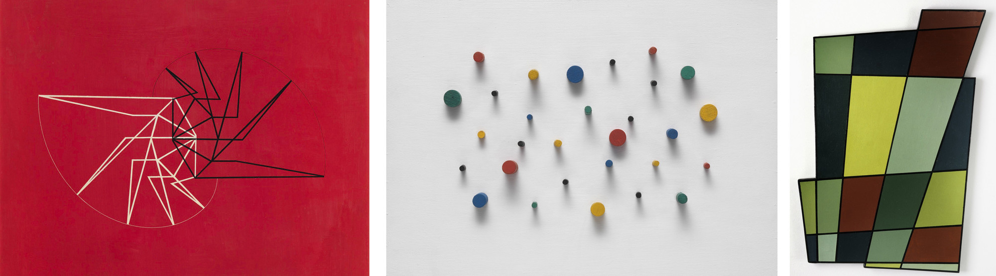 Left: Waldemar Cordeiro (Brazilian, 1925–1973). Visible Idea. 1956. Acrylic on plywood, 23 9/16 × 23 5/8″ (59.9 × 60 cm). Center: Carlos Cruz-Diez, (Venezuelan, born 1923). Project for an Exterior Wall. 1954–1965. Painted dowels and synthetic polymer paint on wood, 15 3/4 × 21 3/4 × 2 1/2″ (40 × 55.2 × 6.4 cm). Right: Juan Melé, (Argentine, 1923–2012). Irregular Frame No. 2. 1946. Oil on plywood, 28 × 19 3/4 × 1″ (71.1 × 50.2 × 2.5 cm)