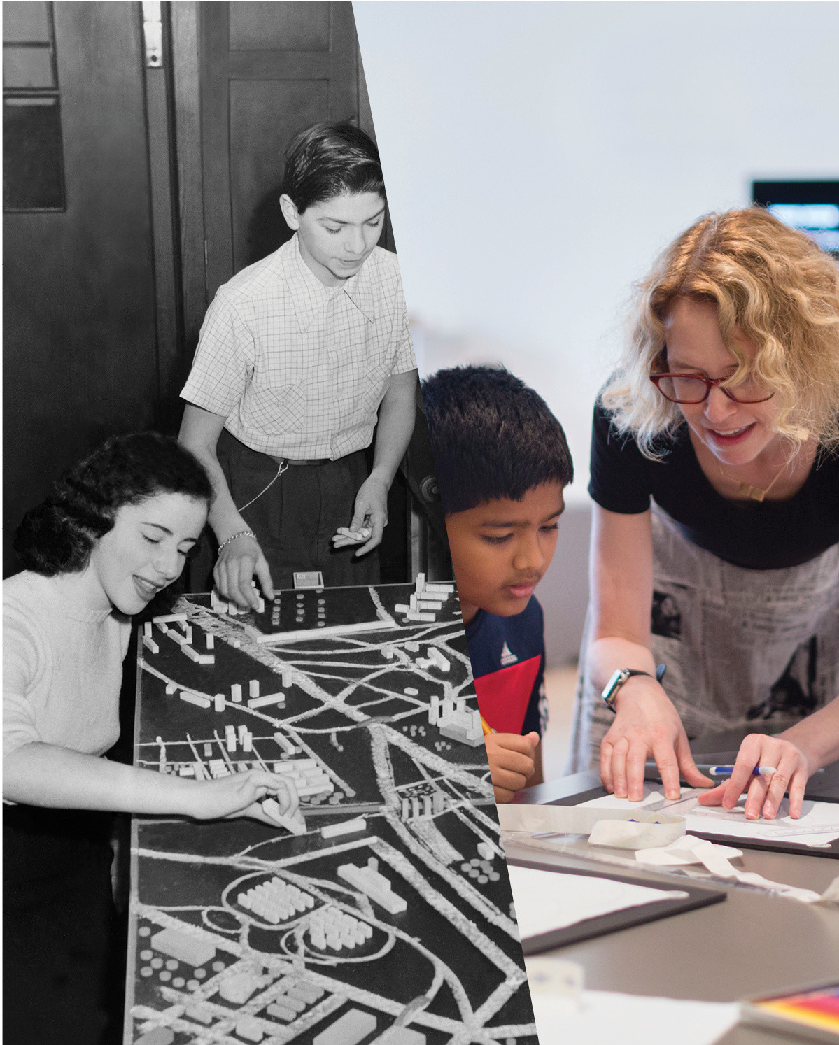 From left: Bernard Ravitz. Students from Erasmus High School art class working with the Neighborhood Planning interactive model at MoMA. 1946. Photograph. The Victor D’Amico Papers, The Museum of Modern Art Archives, New York; Participants with instructor Ellen Lupton, Graphic Design Workshop: Frank Lloyd Wright’s Language of Ornament, The People’s Studio, June 12–October 1, 2017. The Museum of Modern Art, New York. Photo: Beatriz Meseguer