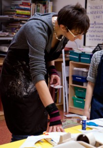 Visual Arts teacher Phaedra Mastrocola works with 2nd and 4th graders at Berkeley Carroll Lower School, Brooklyn