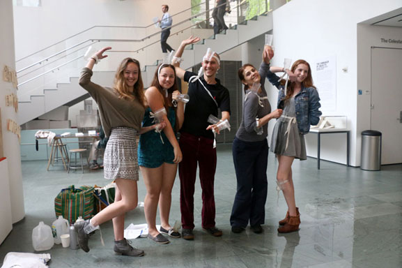 A group of participants gather after playing Sirva-Se together at MoMA Studio: Breathe with Me. © 2014 The Museum of Modern Art. Photo by Manuel Martagon