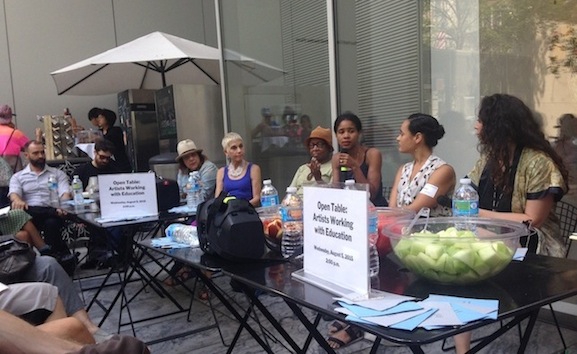 Open Table: Artists Working with Education, artists Xenobia Bailey and Chloë Bass in conversation with curator Petrushka Bazin Larsen. The Abby Aldrich Rockefeller Sculpture Garden, August 5, 2015. Photo: Athina Balapoulou