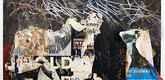 José Parlá. The Struggle Continues (detail). Collage, ink, acrylic, oil, and crushed plaster on wood, 4 x 6'. © 2012 José Parlá, Artist Rights Society, New York