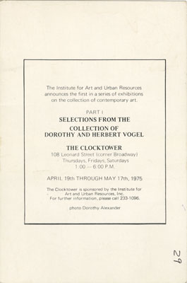 Verso of postcard for Collectors of the Seventies, Part I: Dorothy and Herbert Vogel (April 19–May 17, 1975), 1975 [II.A.41]