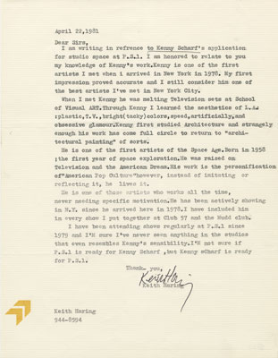 Recommendation letter for Kenny Scharf from Keith Haring. April 22, 1981 [IV.276] 