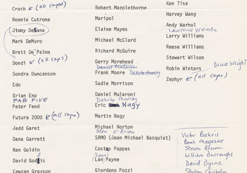 >Draft artist list for the exhibition New York/New Wave by curator Diego Cortez, c. 1980 [III.A.15]