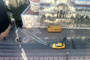 James Bridle (British, b. 1980) and Einar Sneve Martinussen (Norwegian, b. 1982). Drone Shadow 002, Istanbul, Turkey, 2012. Road-marking paint. 49’ x 30’ (15 x 9 m). Drone Shadow 003, Brighton, UK, 2013. Road-marking paint. 66’ x 36’ (20 x 11m). Image courtesy of James Bridle/booktwo.org. Photo by James Bridle