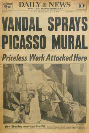 Newspapeer front page with headline VANDAL SPRAYS PICASSO MURAL, Priceless Work Attacked Here