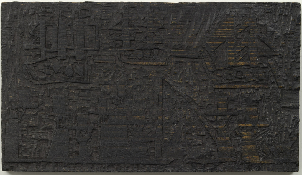 Woodblock for Eight Men in Cylinder Hats and a Dog (Acht Männer mit Zylinderhüten und ein Hund)