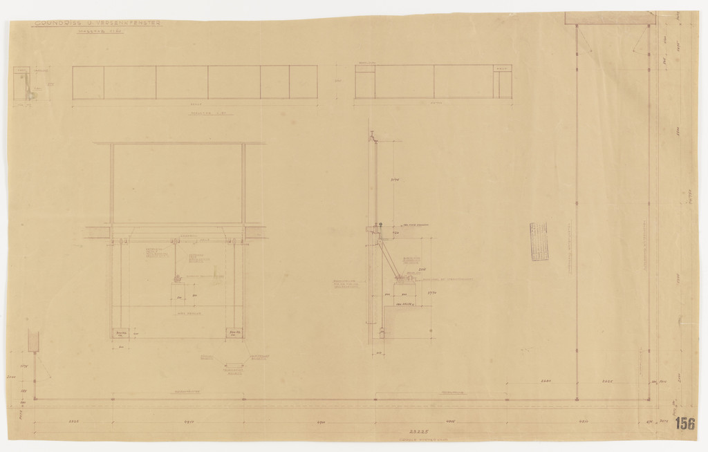 Tugendhat House, Brno, Czech Republic, Plan, three elevations, section