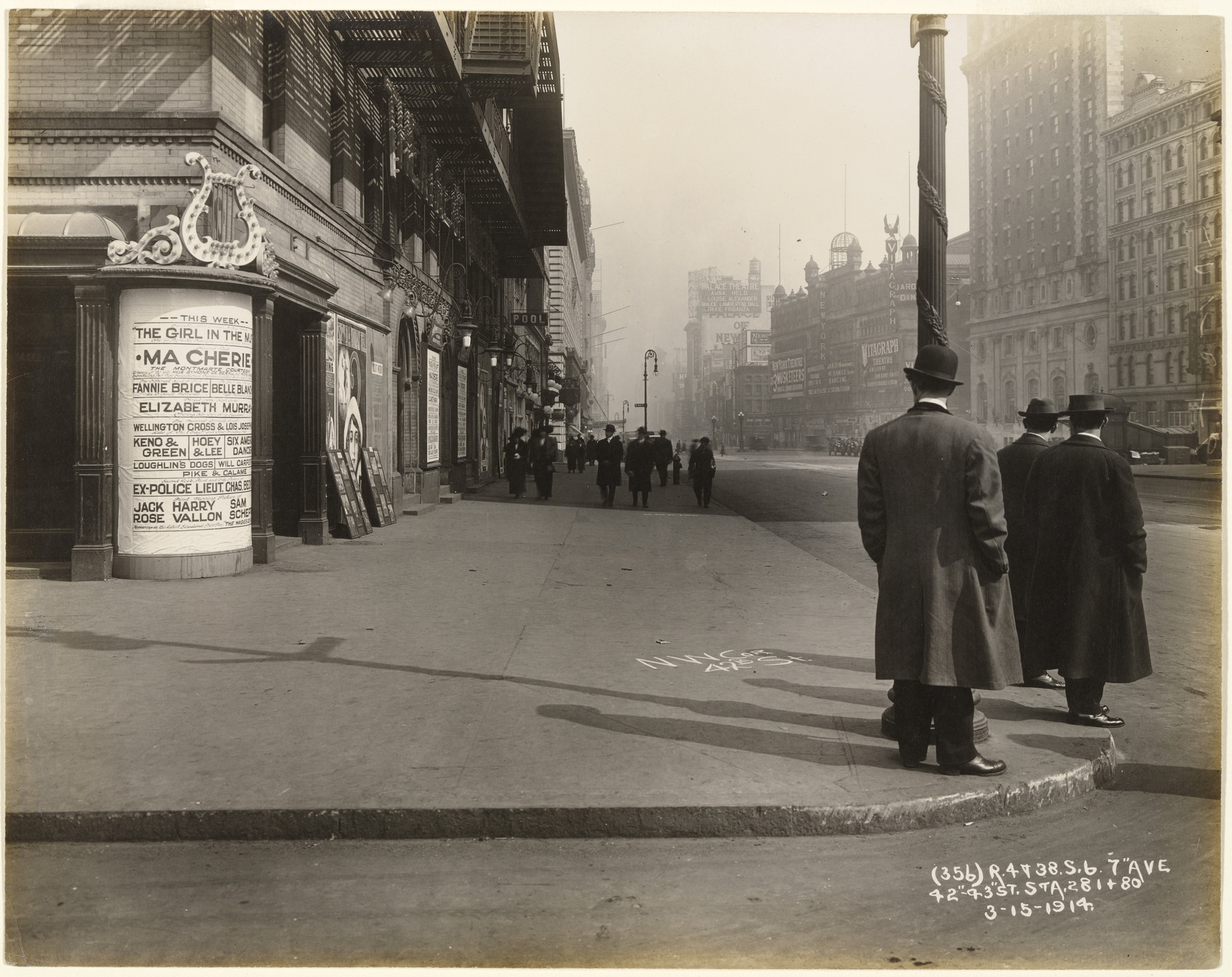 Unidentified photographer. Seventh Avenue, 42nd and 43rd Streets, New York City. View, Facing North, Along West Side of Seventh Avenue, Showing Sidewalk Conditions. Time 10:27am.. March 15, 1914