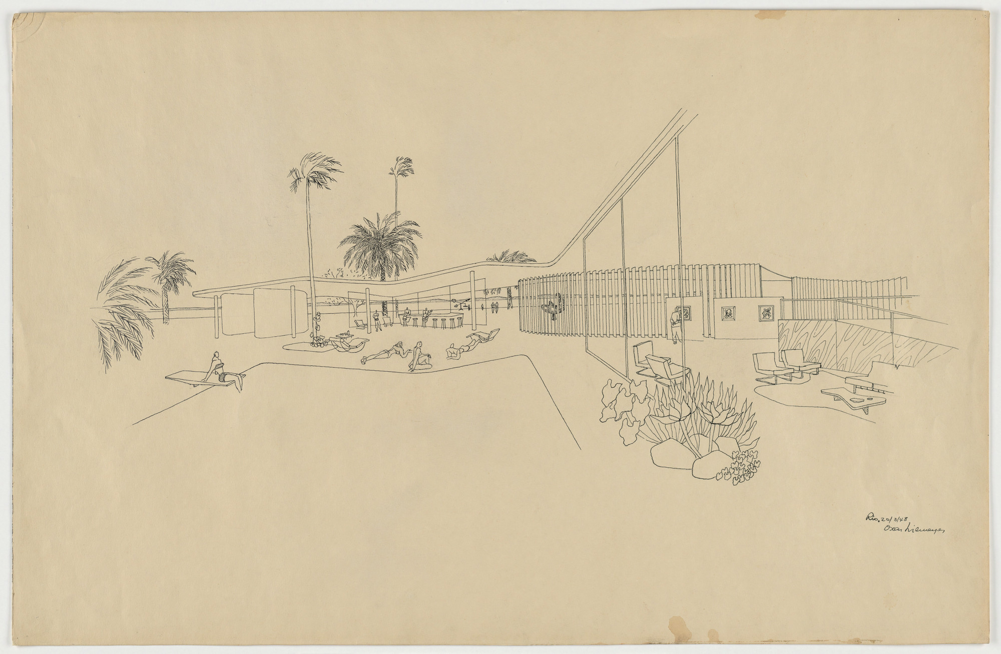 Oscar Niemeyer, Roberto Burle Marx. Beach House for Mr. and Mrs. Burton Tremaine, project, Santa Barbara, California (Exterior perspective, over pool with living room on right). 1948