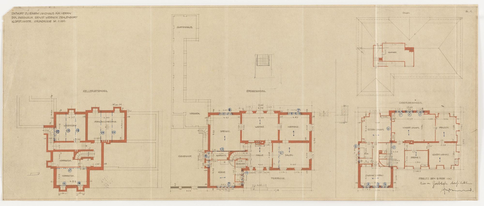 Ludwig Mies van der Rohe. Werner House, Berlin-Zehlendorf, Germany, Four plans. 1913