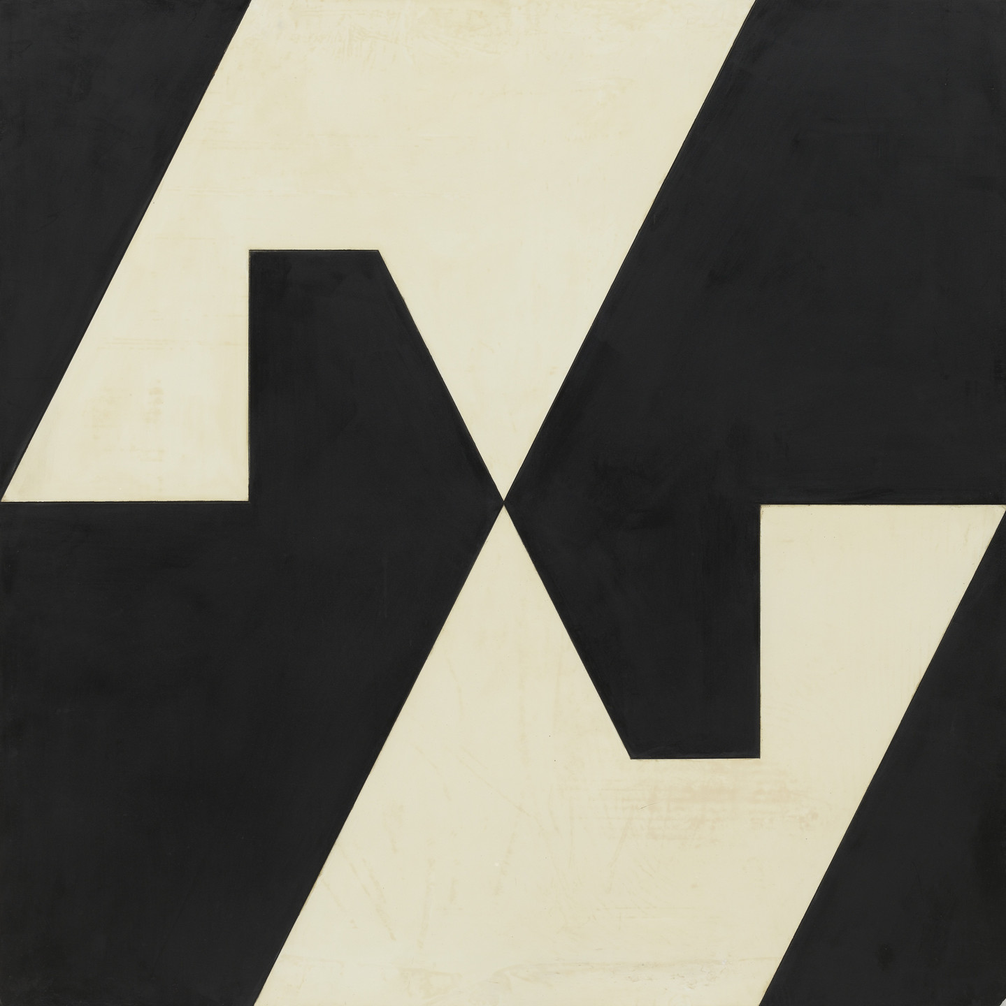 The image features a geometric design with black and off-white shapes forming a zigzag pattern across the canvas. The background is predominantly off-white, while the black shapes create a contrasting design. This is an AI generated description. To give feedback, email ai@moma.org.