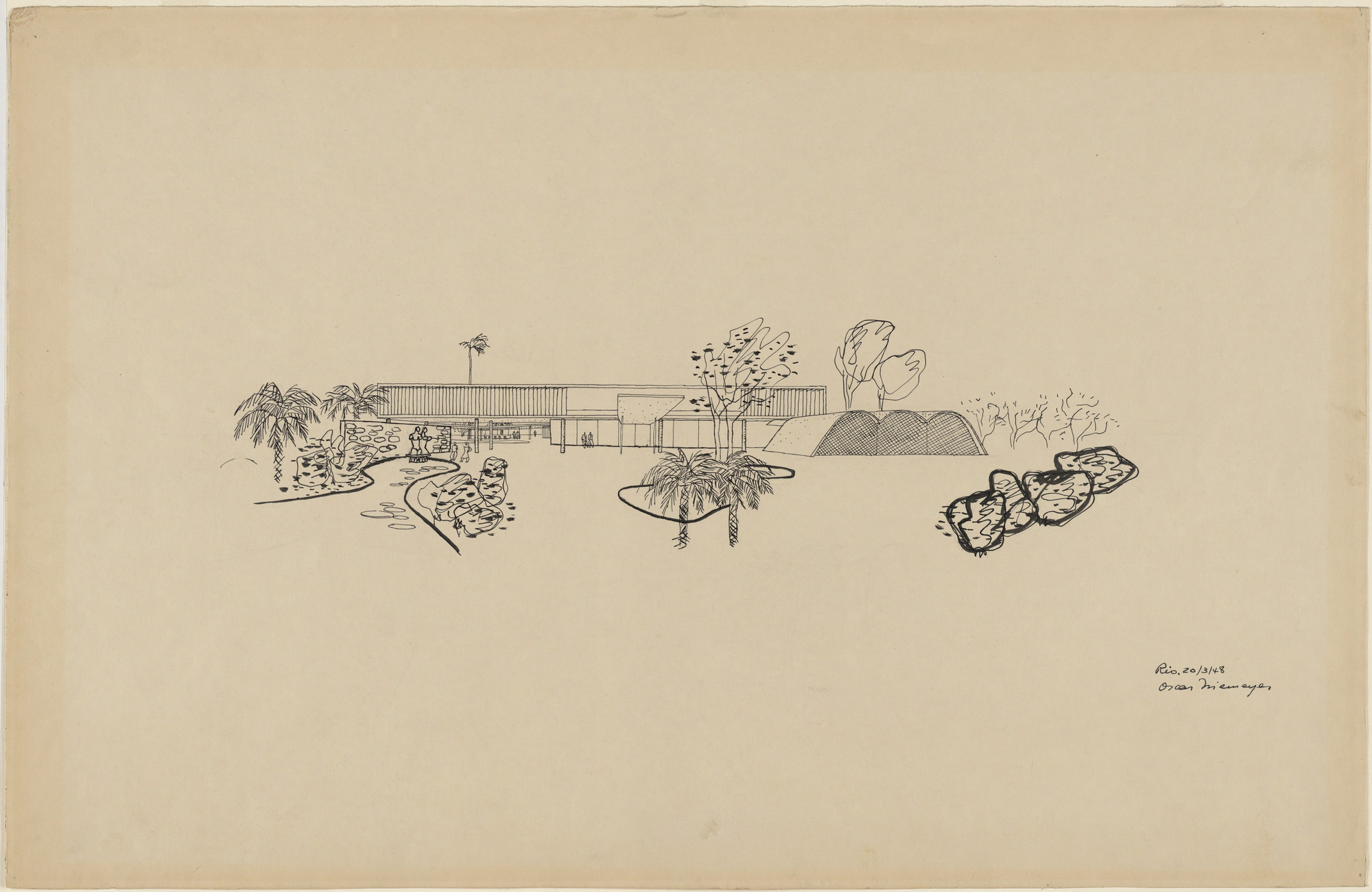 Oscar Niemeyer, Roberto Burle Marx. Beach House for Mr. and Mrs. Burton Tremaine, project, Santa Barbara, California (Exterior perspective, view toward north elevation). 1948