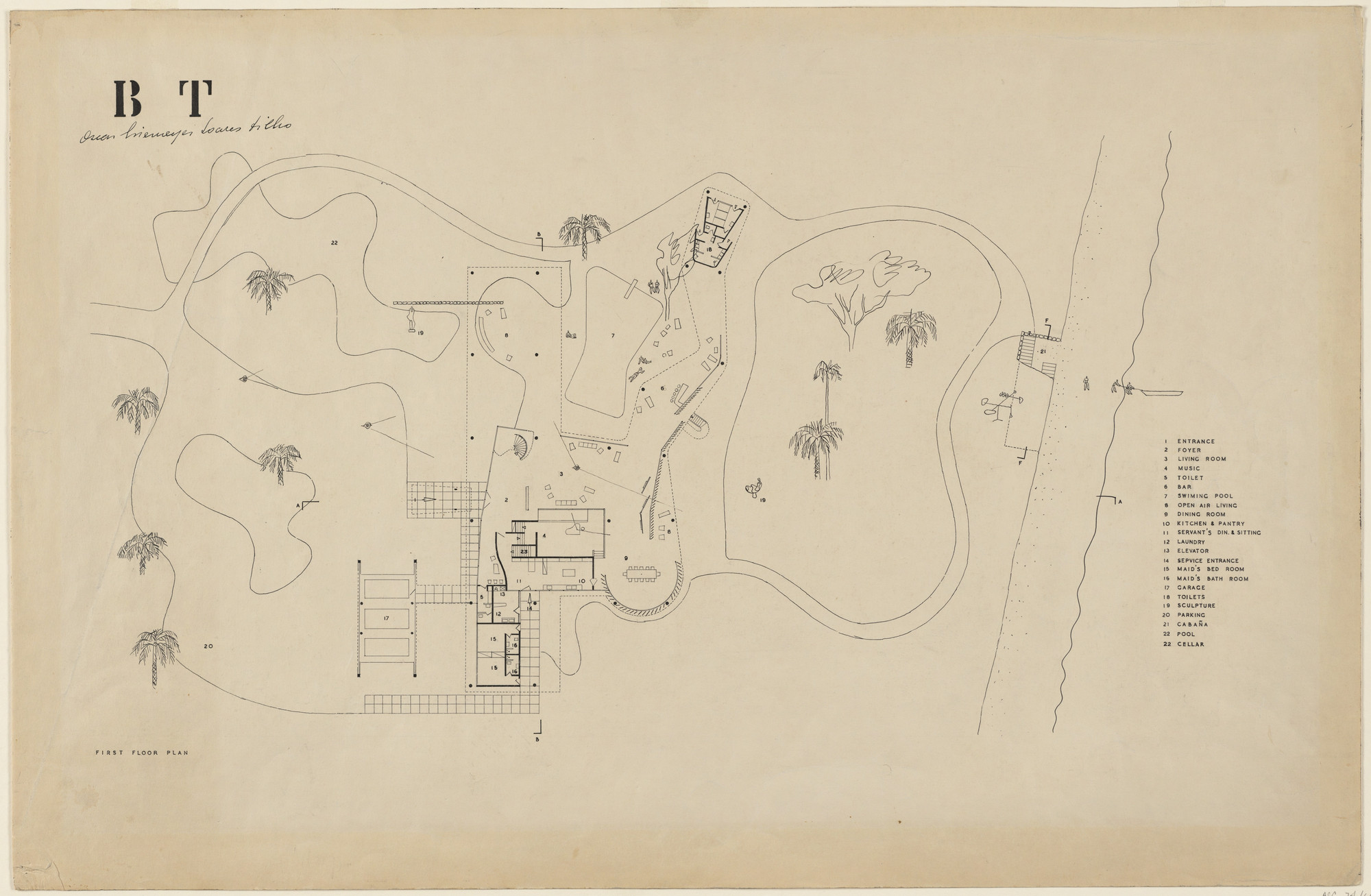 Oscar Niemeyer, Roberto Burle Marx. Beach House for Mr. and Mrs. Burton Tremaine, project, Santa Barbara, California (Plans of first floor and garden). 1948