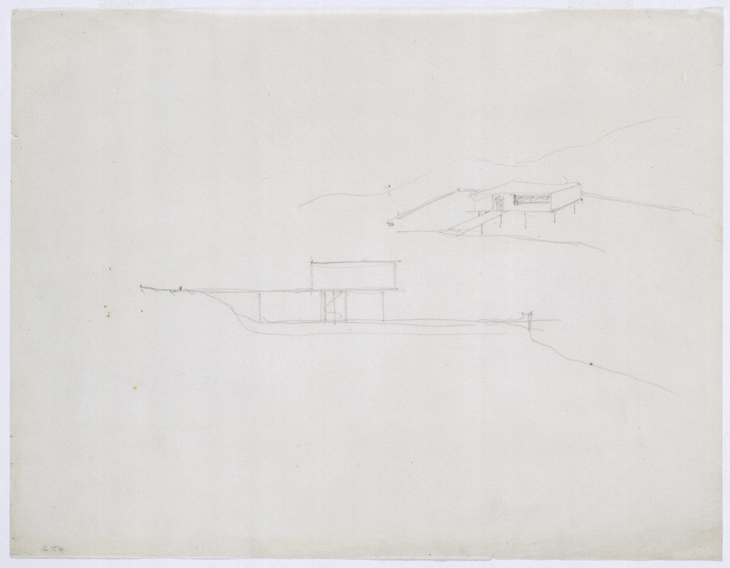 Mountain House Project, no intended site known, (possibly Merano, South Tyrol, Italy), Plan and perspective sketch