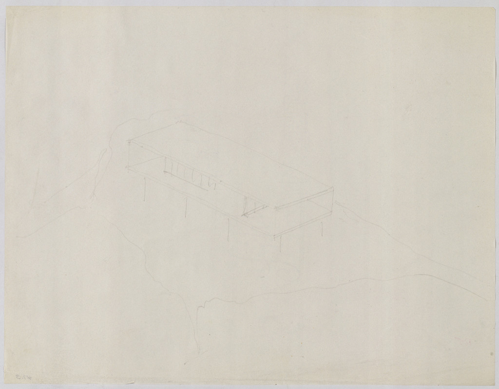 Mountain House Project, no intended site known (possibly Merano, South Tyrol, Italy), Perspective sketch