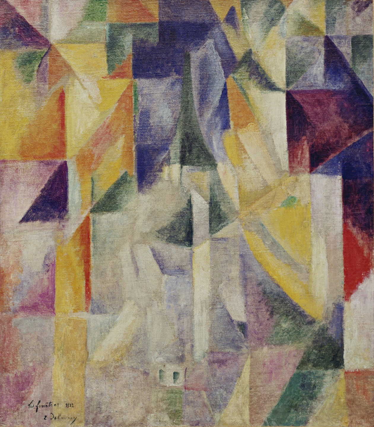 The image consists of interlocking geometric shapes in hues of purple, yellow, green, blue, and red. The shapes create a layered, mosaic-like pattern with no distinct figures. This is an AI generated description. To give feedback, email ai@moma.org.