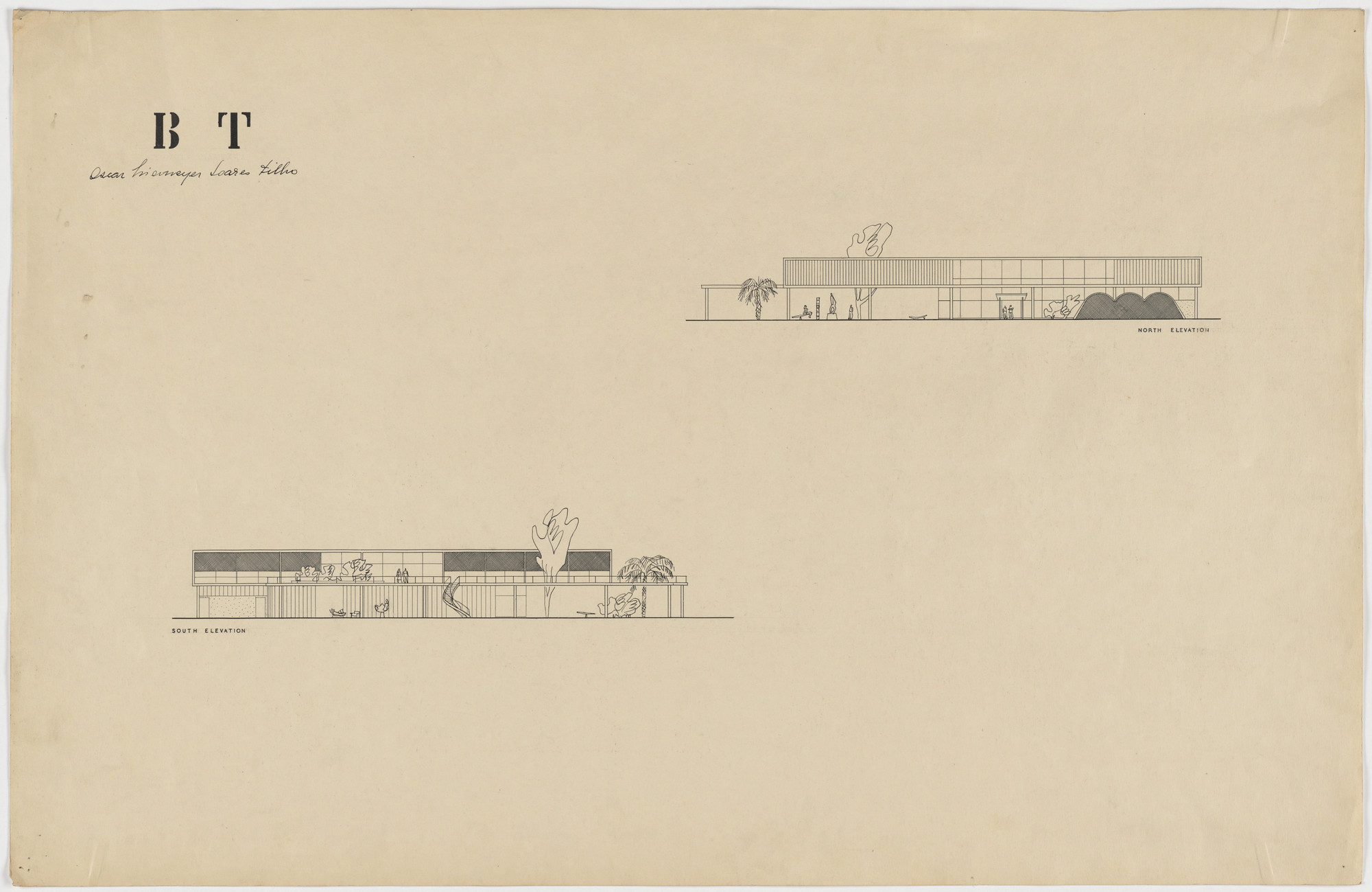 Oscar Niemeyer, Roberto Burle Marx. Beach House for Mr. and Mrs. Burton Tremaine, project, Santa Barbara, California (North and south elevations). 1948