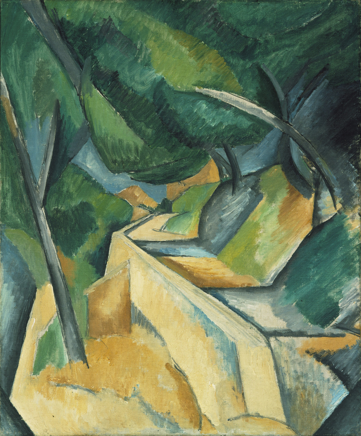 A winding, light yellow path with angular edges cuts through a green forest with hints of blue and brown. Dark tree trunks and foliage with layered shades of green dominate the scene. This is an AI generated description. To give feedback, email ai@moma.org.