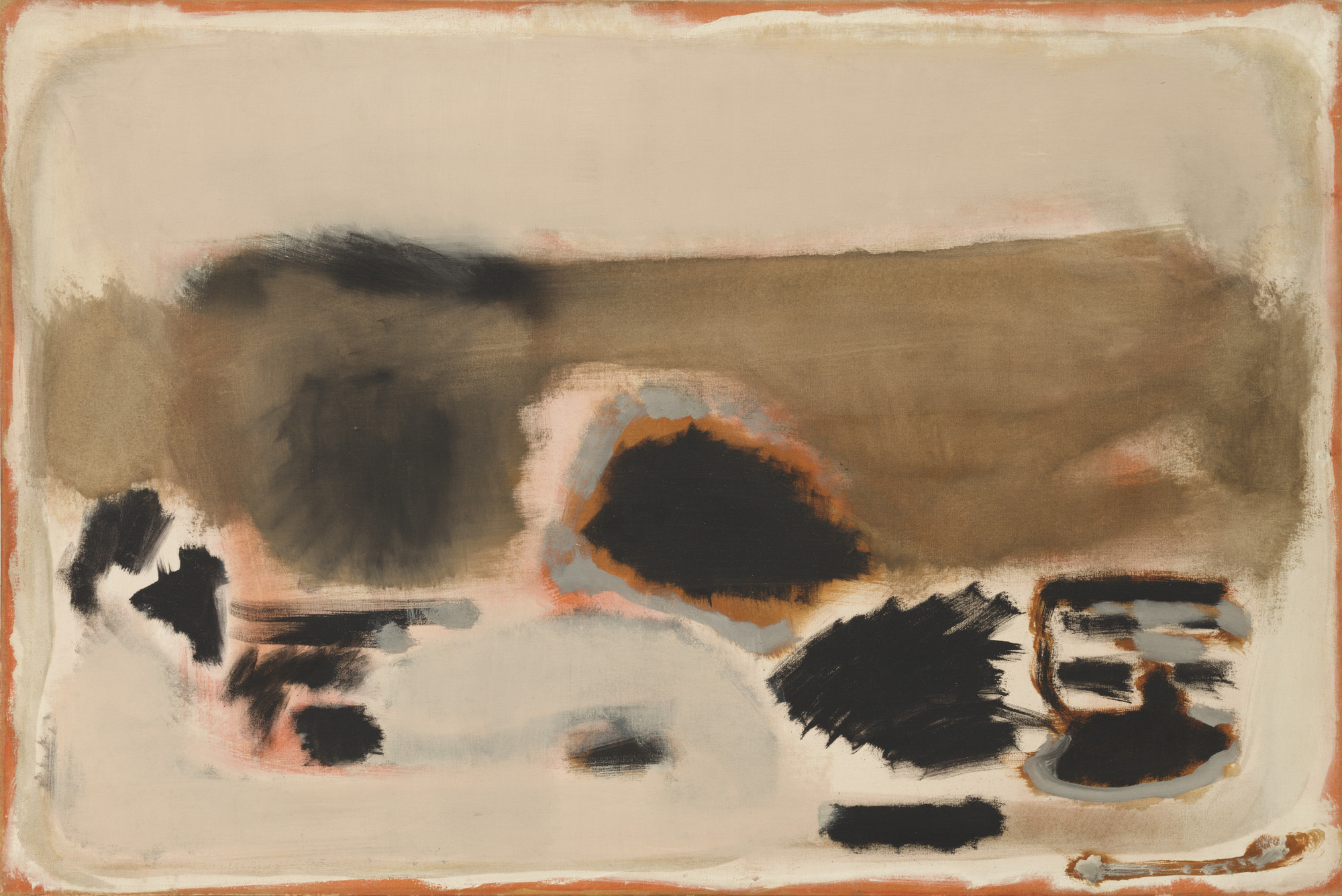 The image features a canvas with large, blurred patches of brown, black, and beige. The edges have a rough, reddish border, with irregular black shapes scattered across the painting. This is an AI generated description. To give feedback, email ai@moma.org.