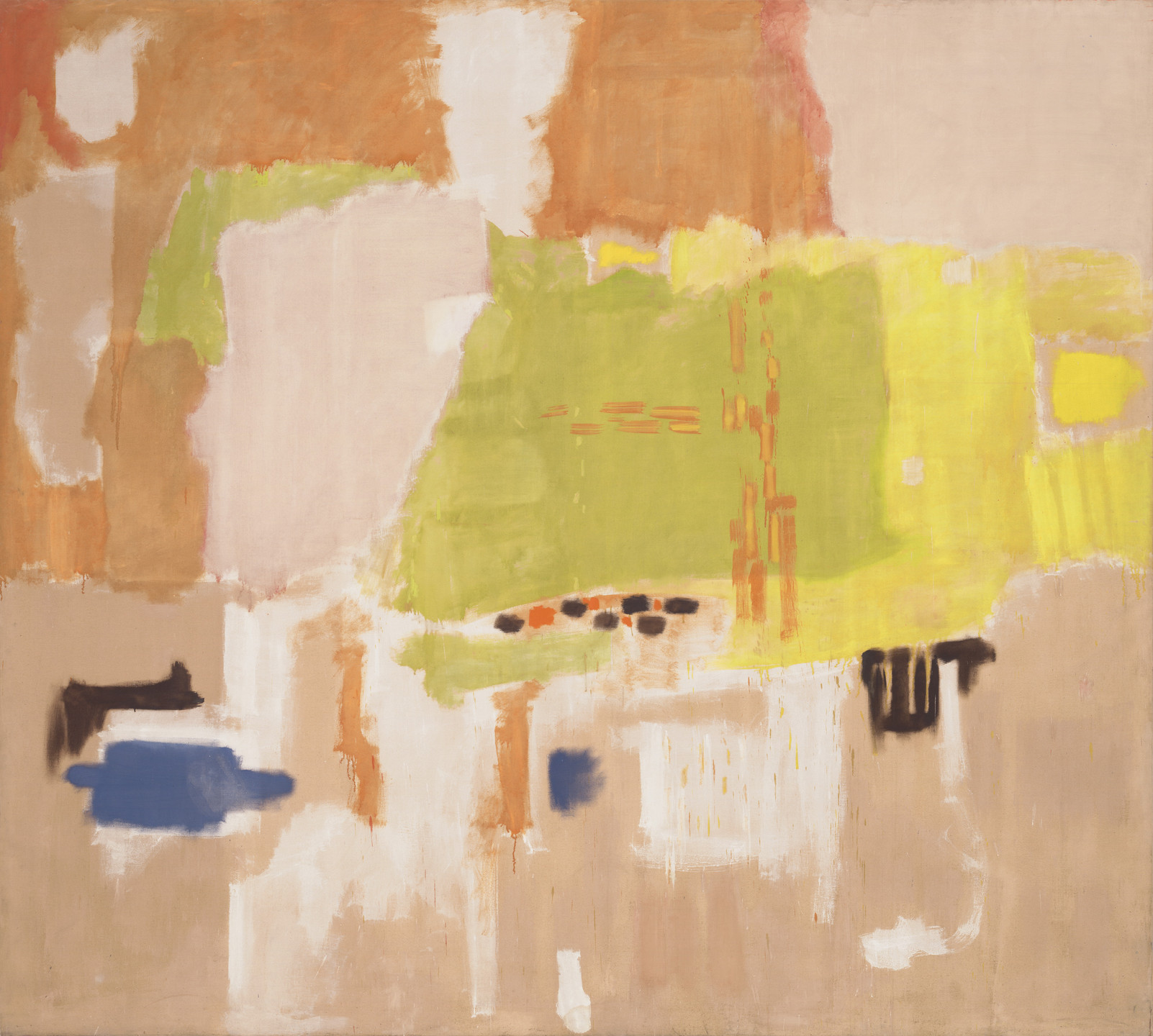The image has a mix of colors, primarily featuring beige and tan backgrounds with patches of bright green, yellow, white, and blue forms. Some black, brown, and orange markings are scattered irregularly throughout. This is an AI generated description. To give feedback, email ai@moma.org.