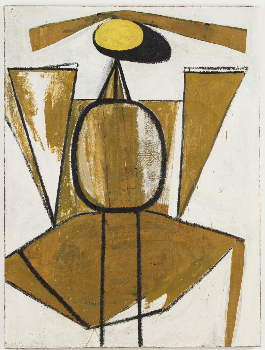 The image depicts a geometric figure with a yellow oval shape at the top, resembling a head, and brown triangular and rectangular shapes forming a body against a white background. Bold black lines outline the shapes, creating a stylized human-like form. This is an AI generated description. To give feedback, email ai@moma.org.