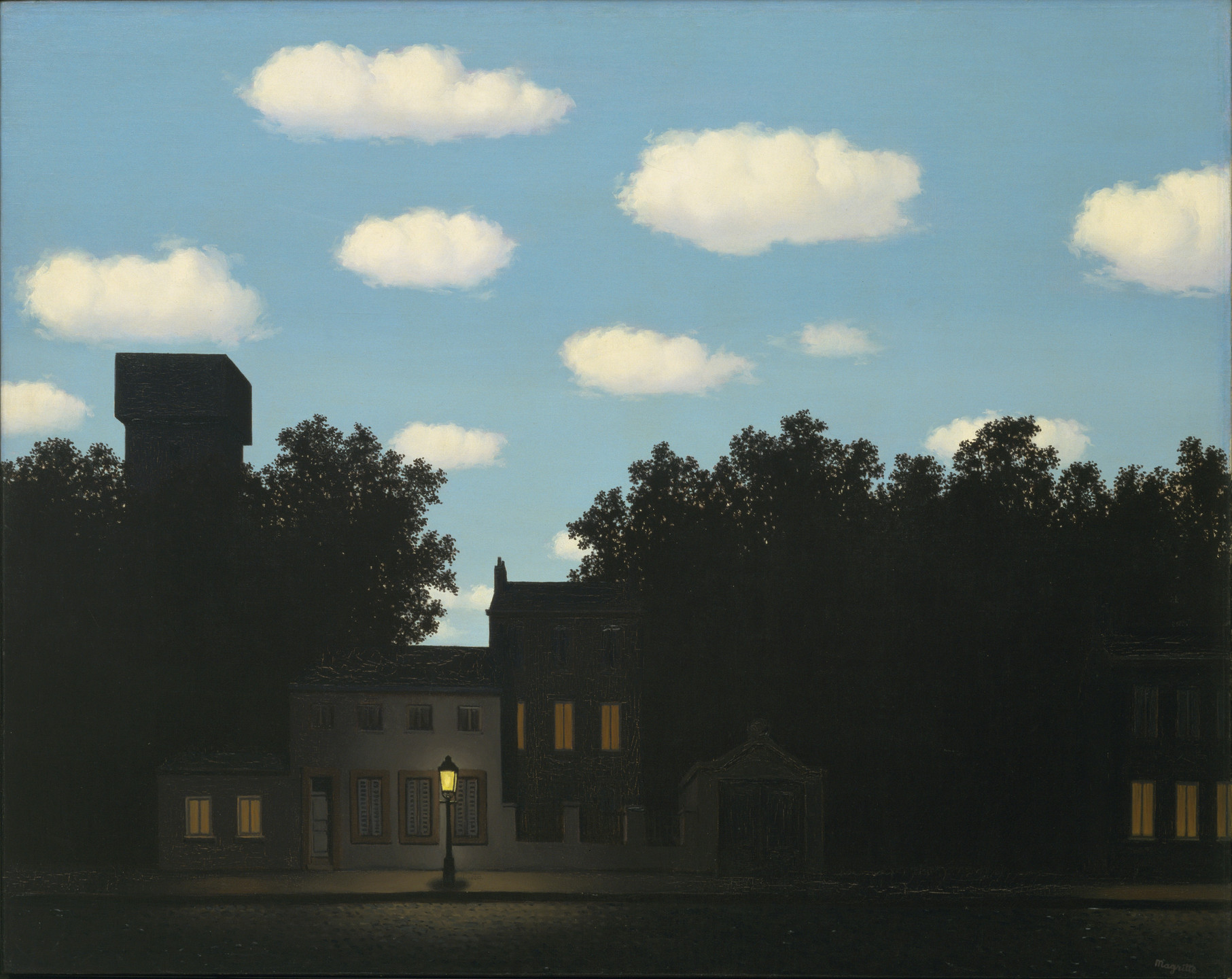 The image shows a scene with buildings, trees, and a streetlamp at night. The sky is bright blue with several white clouds, contrasting the dark silhouettes of the buildings and trees below. This is an AI generated description. To give feedback, email ai@moma.org.