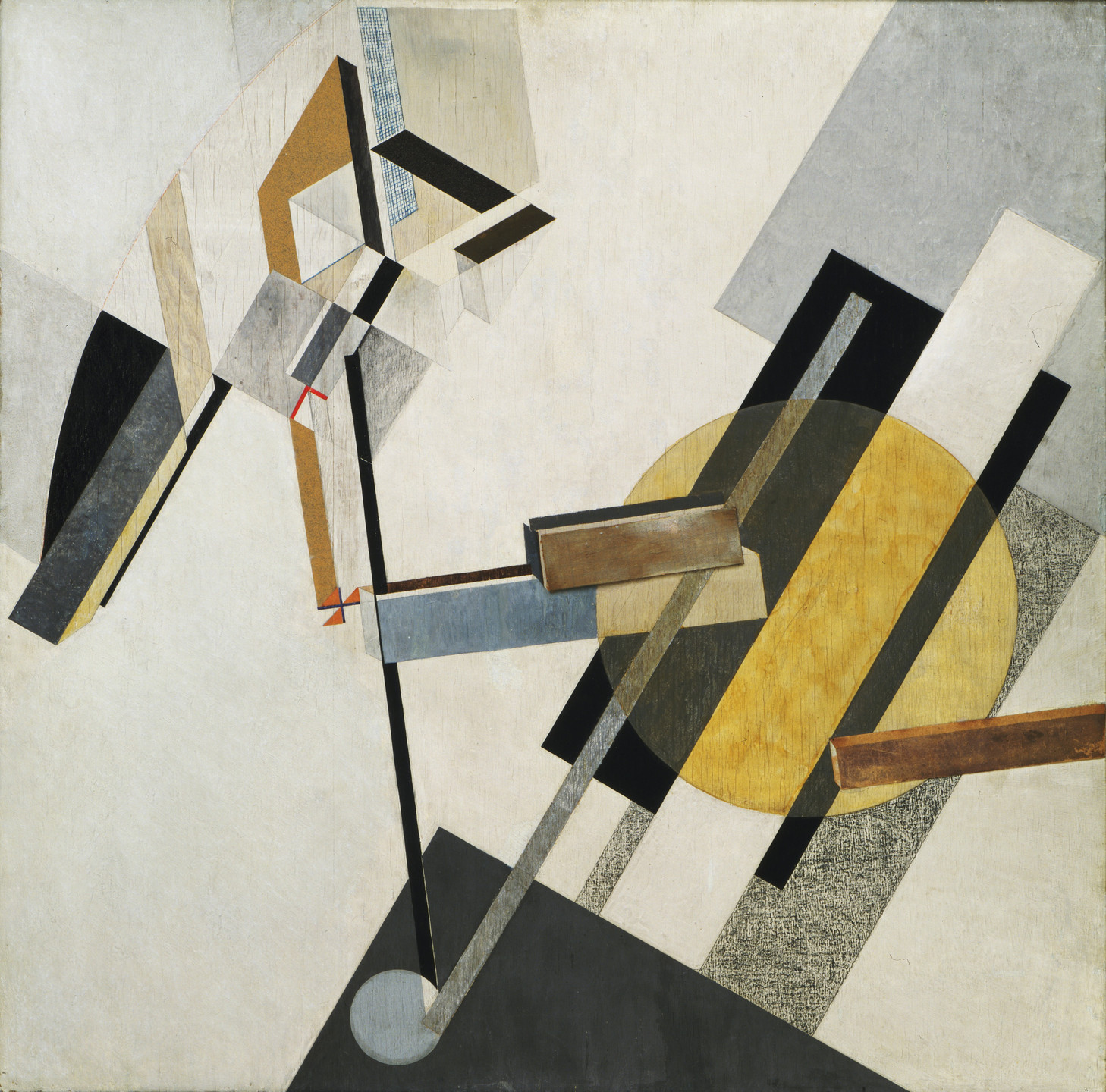 The image contains geometric shapes, mainly rectangles and lines in shades of gray, black, brown, and mustard yellow, arranged on a light background. A large yellow circle intersects some lines, providing a focal point. This is an AI generated description. To give feedback, email ai@moma.org.