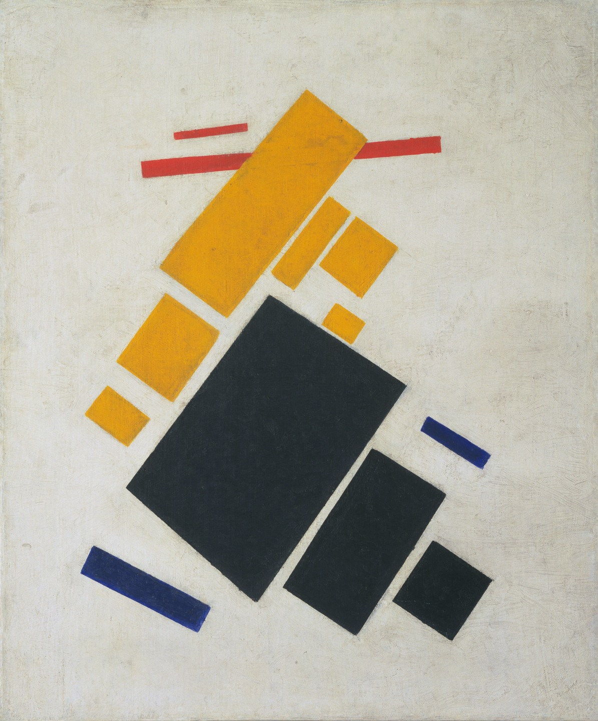 The painting features 5 yellow and 3 black rectangles and squares flanked by more 2 red and 2 blue thinner, more elongated rectangle figures. The shapes are arranged diagonally on a textured white background. The shapes vary in size and are scattered but organized in a pattern across the canvas. This is an AI generated description. To give feedback, email ai@moma.org.