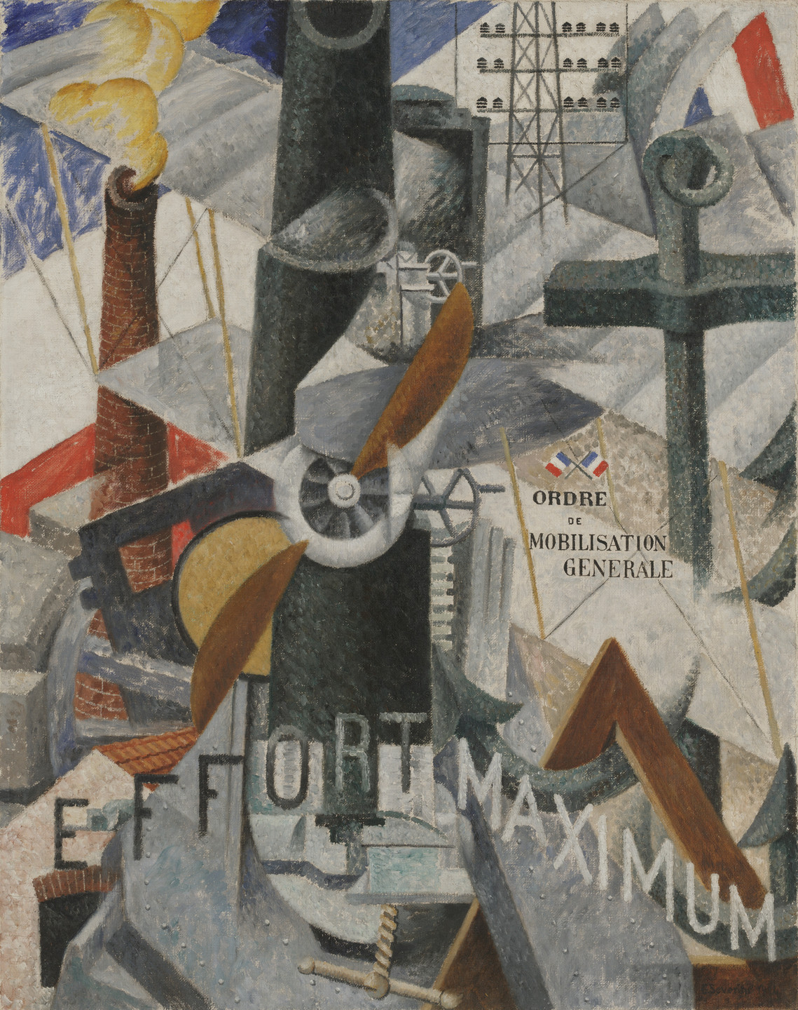 The image features various industrial elements such as chimneys, gears, and a propeller in muted shades of gray, black, and brown. The background has hints of red, blue, and cream, with the words "EFFORT MAXIMUM" and "ORDRE DE MOBILISATION GENERALE" visible. This is an AI generated description. To give feedback, email ai@moma.org.