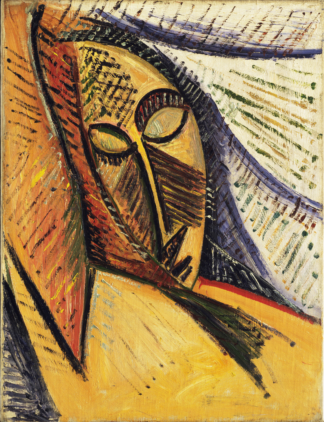 This image features a stylized face with closed eyes, using bold, angular lines in shades of yellow, orange, brown, black, and purple. The background and the face display a mix of textured lines and patterns. This is an AI generated description. To give feedback, email ai@moma.org.