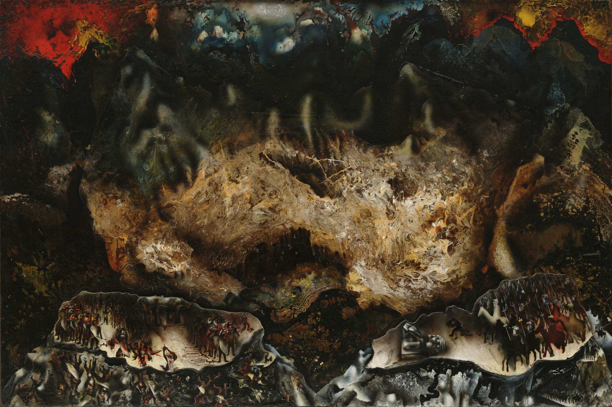 The image features a large dark central mass with swirling browns, blacks, and hints of red, surrounded by dark blue and lighter blue streaks at the top. Below are two sections; one showing small figure-like shapes in various poses, the other with humanoid shapes and broken structures. This is an AI generated description. To give feedback, email ai@moma.org.