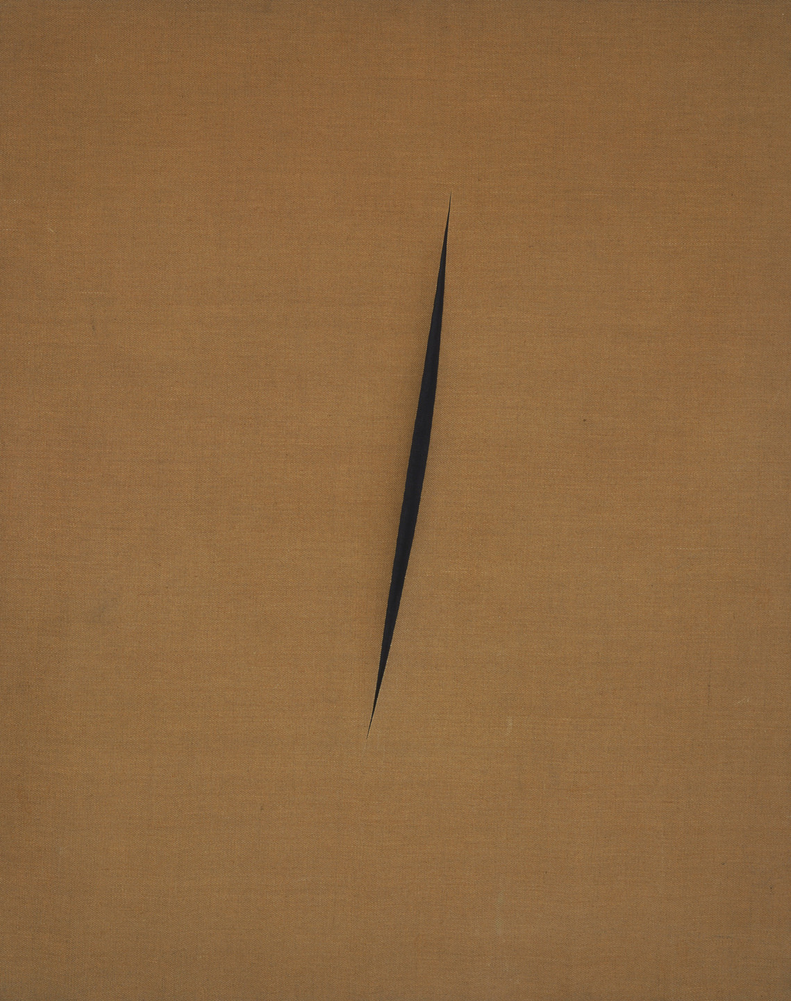 A light brown canvas with a single, narrow, black vertical slit in the center. The background texture is smooth and uniform. This is an AI generated description. To give feedback, email ai@moma.org.
