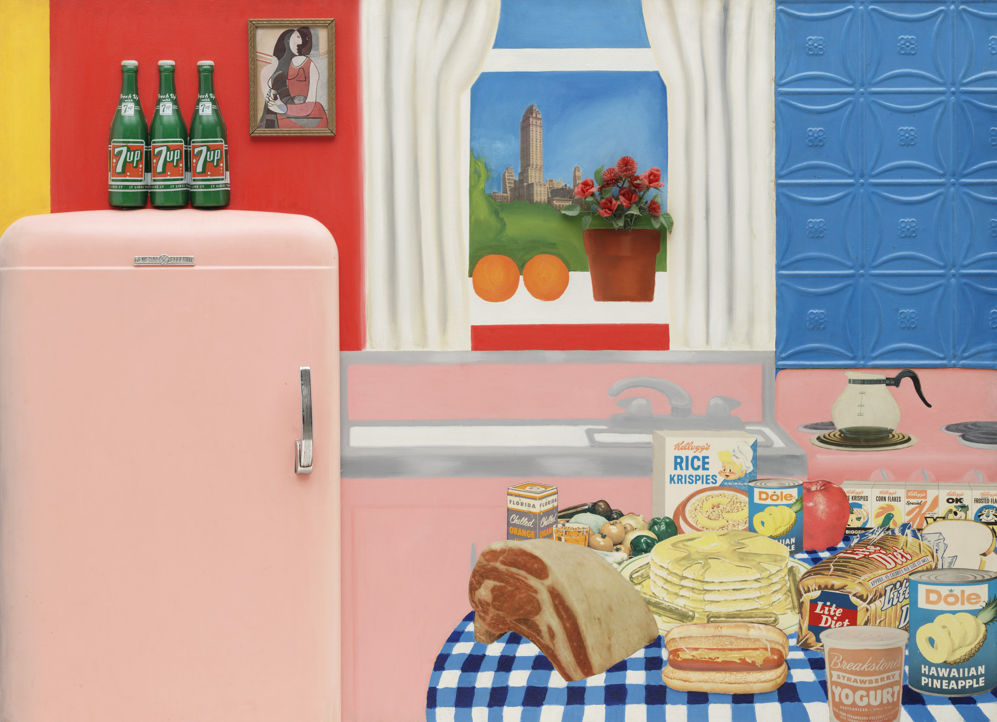 A kitchen scene shows a pink refrigerator with green soda bottles on top and various breakfast items on a checkered tablecloth. The background includes a window with city view, red wall, and blue tiles. This is an AI generated description. To give feedback, email ai@moma.org.
