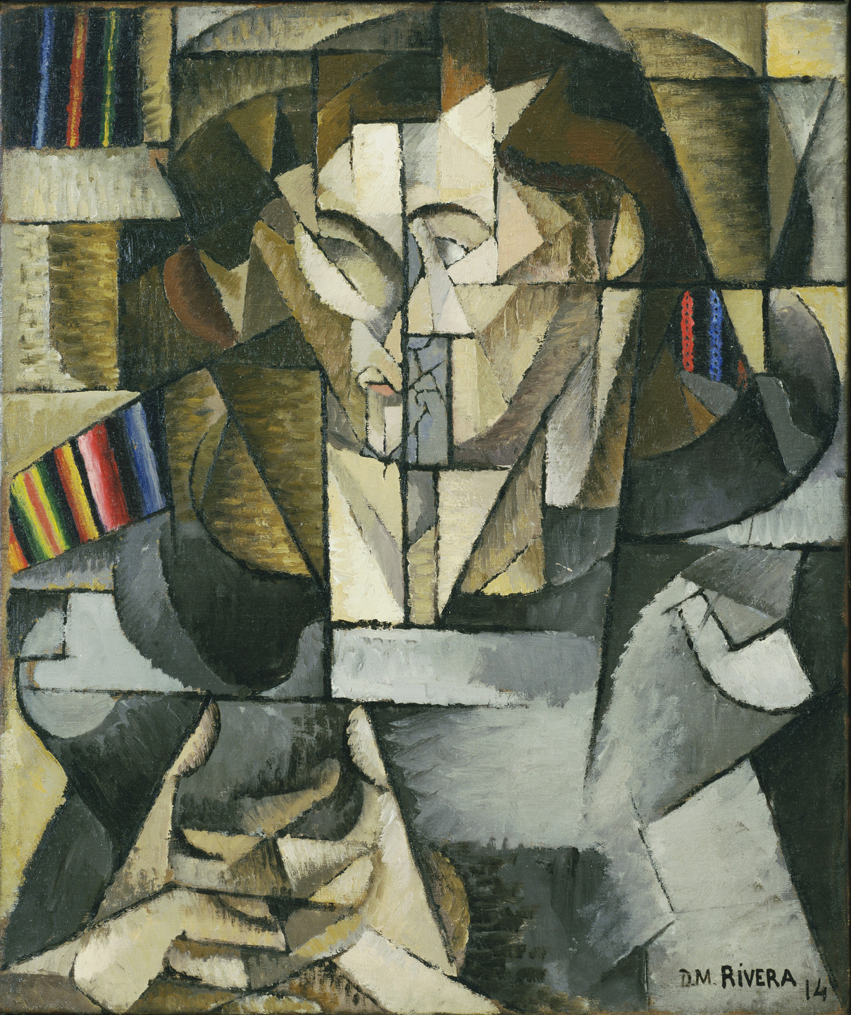 The image features an arrangement of geometric shapes in shades of brown, gray, black, and white, forming a fragmented figure with interlocking shapes. Two colorful striped areas are on the left and right sides. This is an AI generated description. To give feedback, email ai@moma.org.