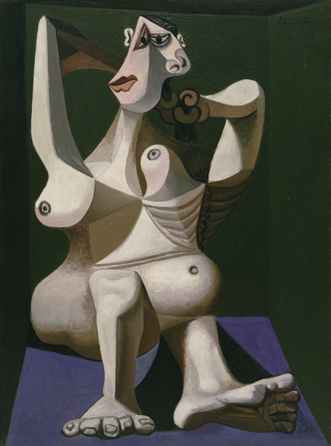 A figure with exaggerated, geometric shapes and distorted proportions sits in a contorted pose. The predominant colors are olive green, purple, brown, white, and flesh tones. This is an AI generated description. To give feedback, email ai@moma.org.