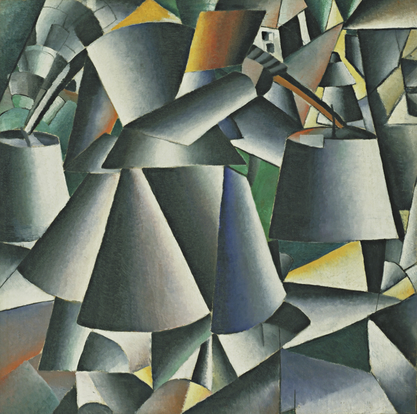 The image features geometric shapes and angular forms in shades of gray, green, blue, and touches of yellow. The shapes interlock and overlap, creating a complex, fragmented composition. This is an AI generated description. To give feedback, email ai@moma.org.