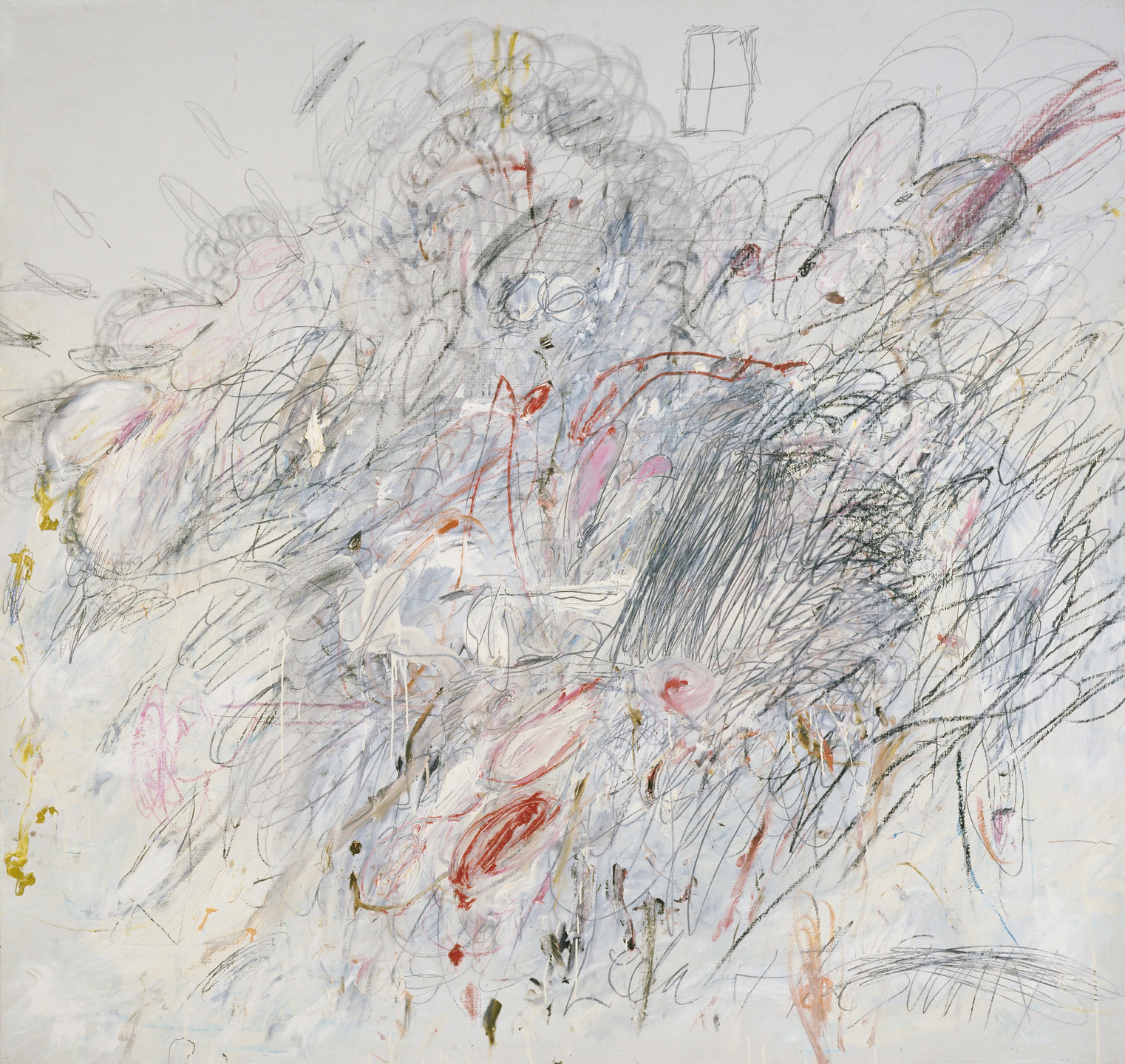 The image features a mix of scribbles and loose lines in various shades of gray, white, pink, yellow, and red on a white canvas. There are areas with dense marks and a small square with a cross in the top right. This is an AI generated description. To give feedback, email ai@moma.org.