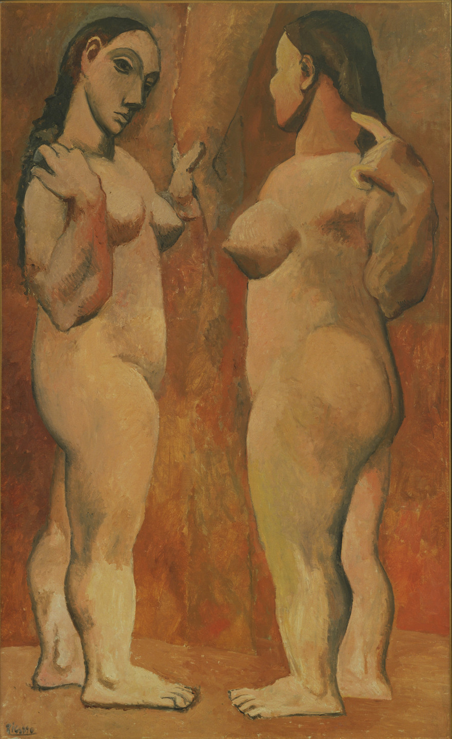 The painting features two nude figures standing side by side, one facing forward and the other facing backward. The background is predominantly shades of brown, with the figures painted in earthy tones. This is an AI generated description. To give feedback, email ai@moma.org.